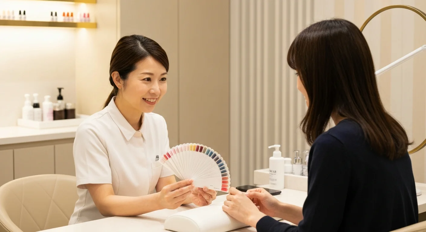ネイリストがお客様の手元を見ながらデザインを相談する様子