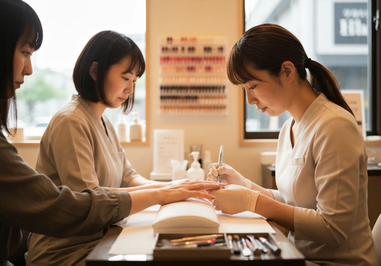 ネイル施術のために整えられたテーブルと手元の道具